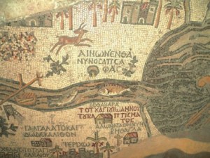 Part of the ancient Madaba Map showing two possible locations of Jesus’ baptism