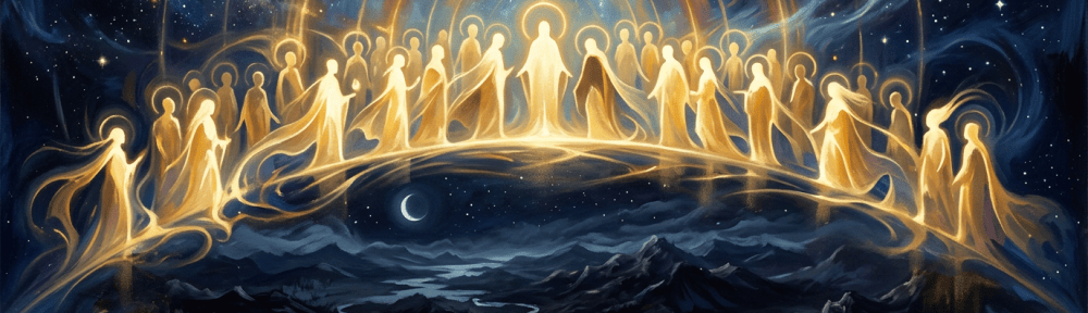 Glowing celestial figures gathered above moonlit mountains beneath a starry sky