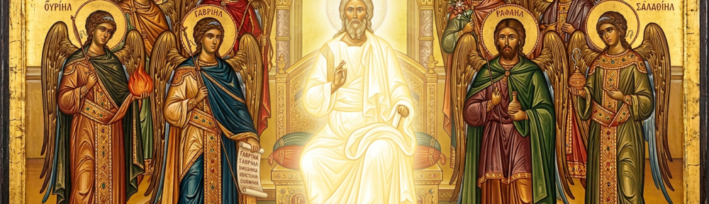 Christ enthroned among eight haloed archangels in an Orthodox icon