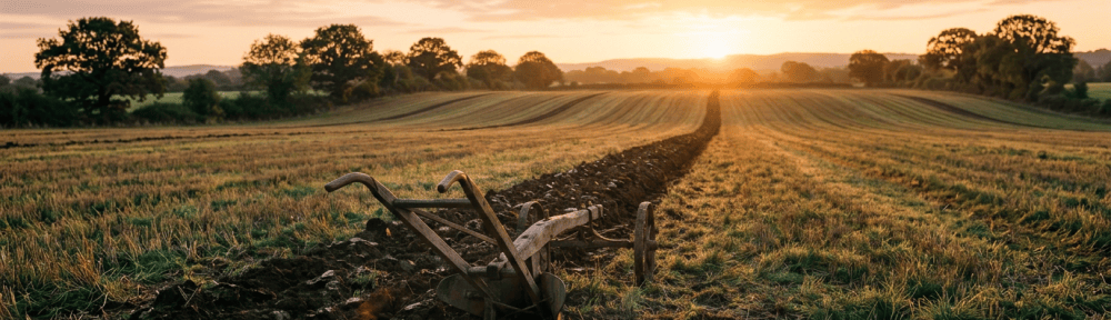 Traditional plow in a freshly furrowed field at sunset