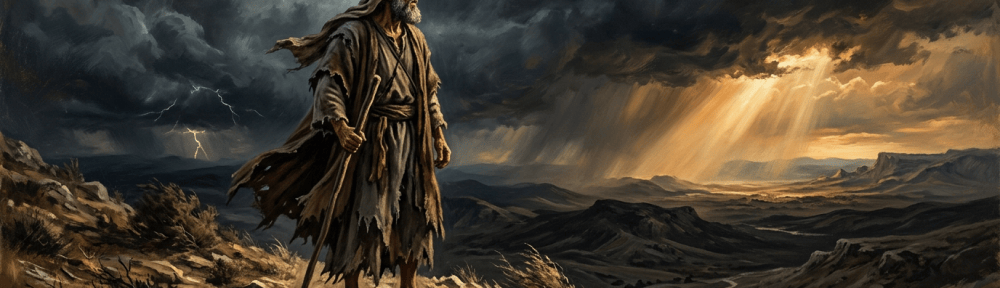 Rugged robed traveler with staff overlooking a stormy mountain valley
