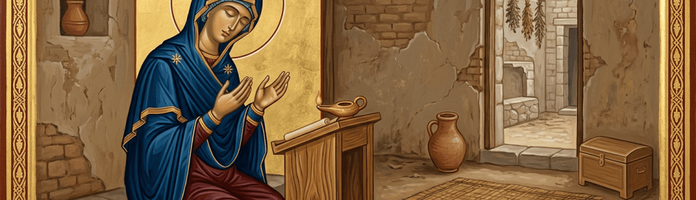 Byzantine-style icon of Mary praying beside a lectern