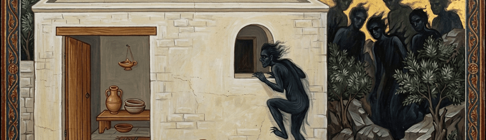 Illustration titled Η ΟΙΚΙΑ ΚΑΙ ΤΑ ΠΝΕΥΜΑΤΑ showing a haunted house and shadowy spirits