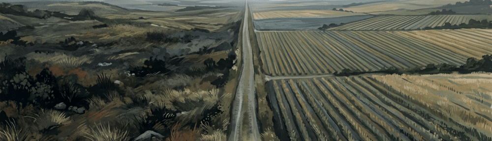 Lone person walking along a straight road between fields and rugged grassland
